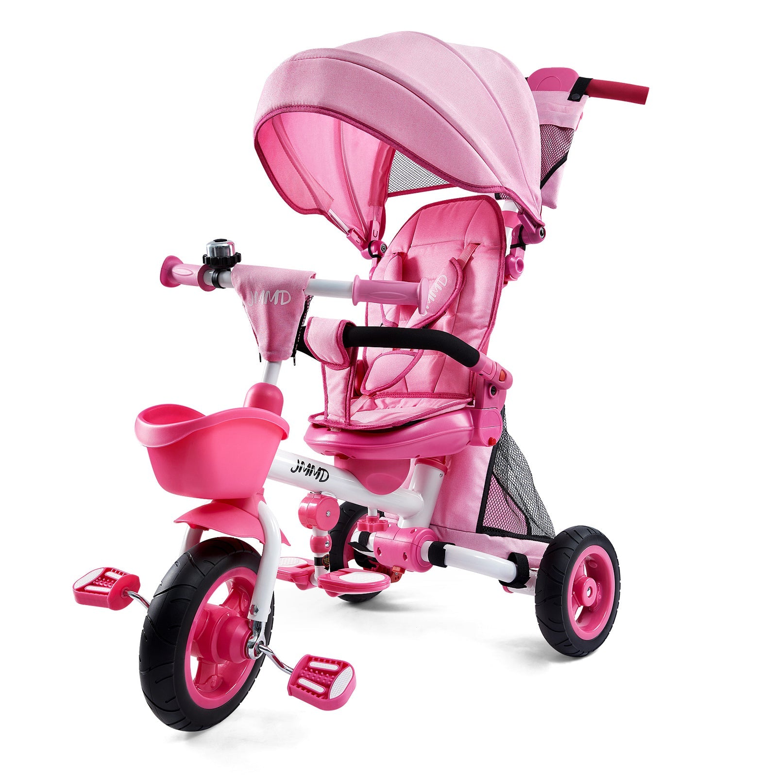 JMMD B56 toddler tricycle in soft pink with push handle and canopy