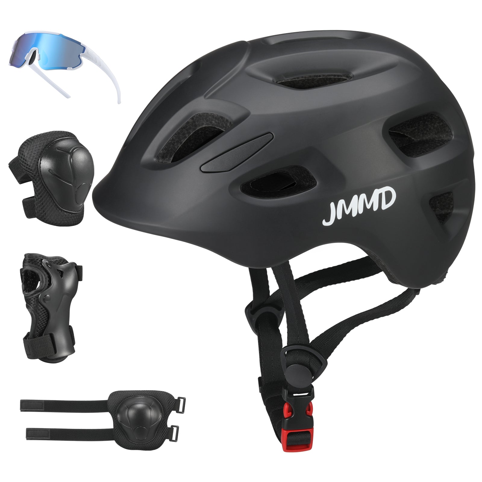 #color_black JMMD Kids Sports Helmet Set in Black showing kids sports helmet, sunglasses, elbow pads, knee pads, and wrist guards