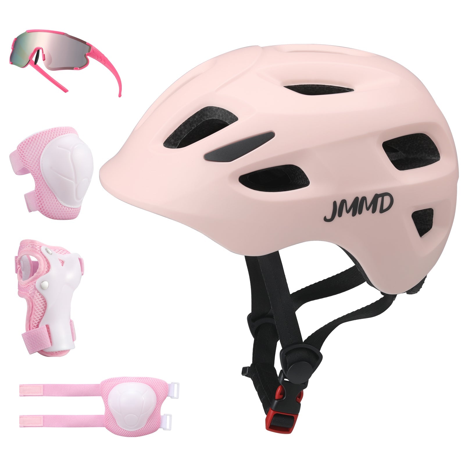 #color_pink JMMD Kids Sports Helmet Set in Pink showing kids sports helmet, sunglasses, elbow pads, knee pads, and wrist guards