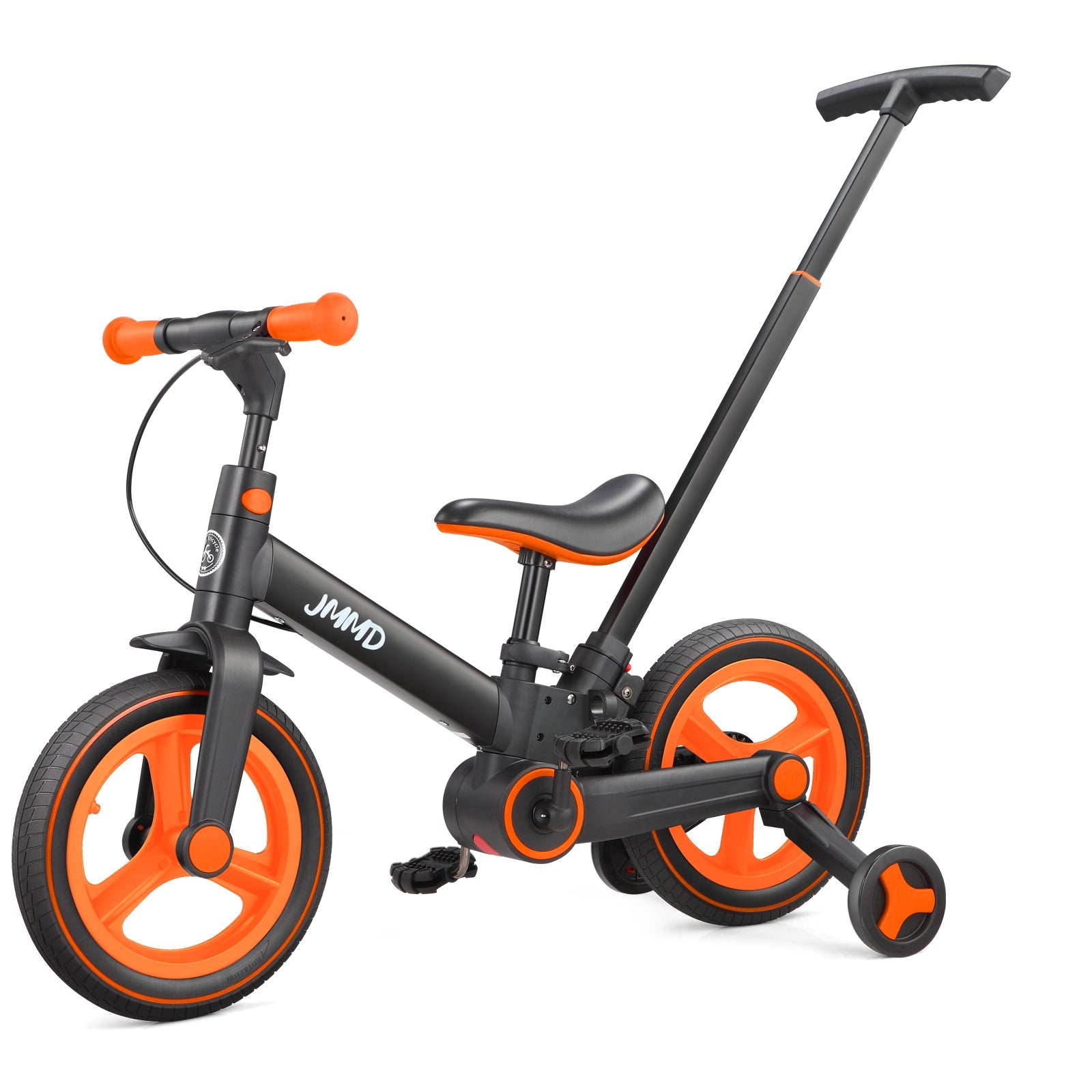 #color_black-bright-orange JMMD S900 6-in-1 toddler bike in Black & Bright Orange with parent push handle and training wheels