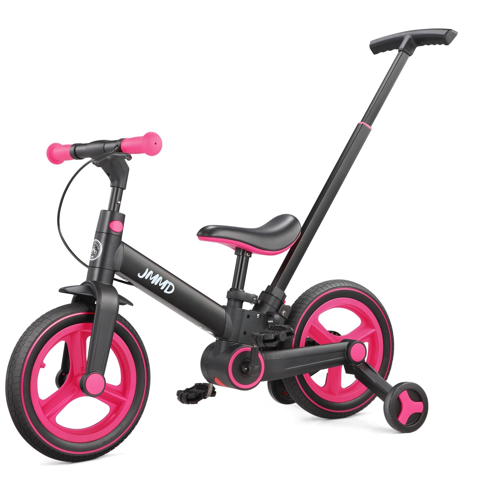 #color_black-neon-pink JMMD S900 6-in-1 toddler bike in Black & Neon Pink with parent push handle and training wheels