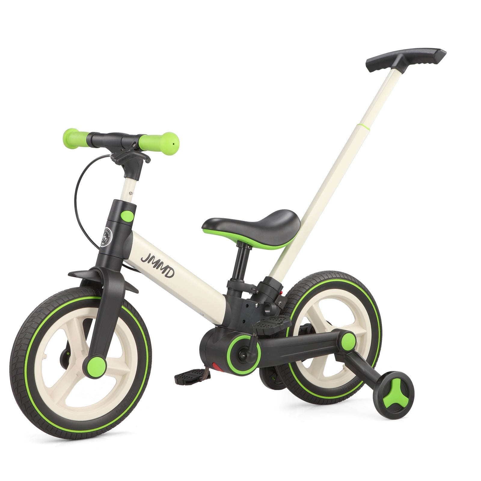 #color_cream-lime-green JMMD S900 6-in-1 toddler bike in Cream & Lime Green with parent push handle and training wheels