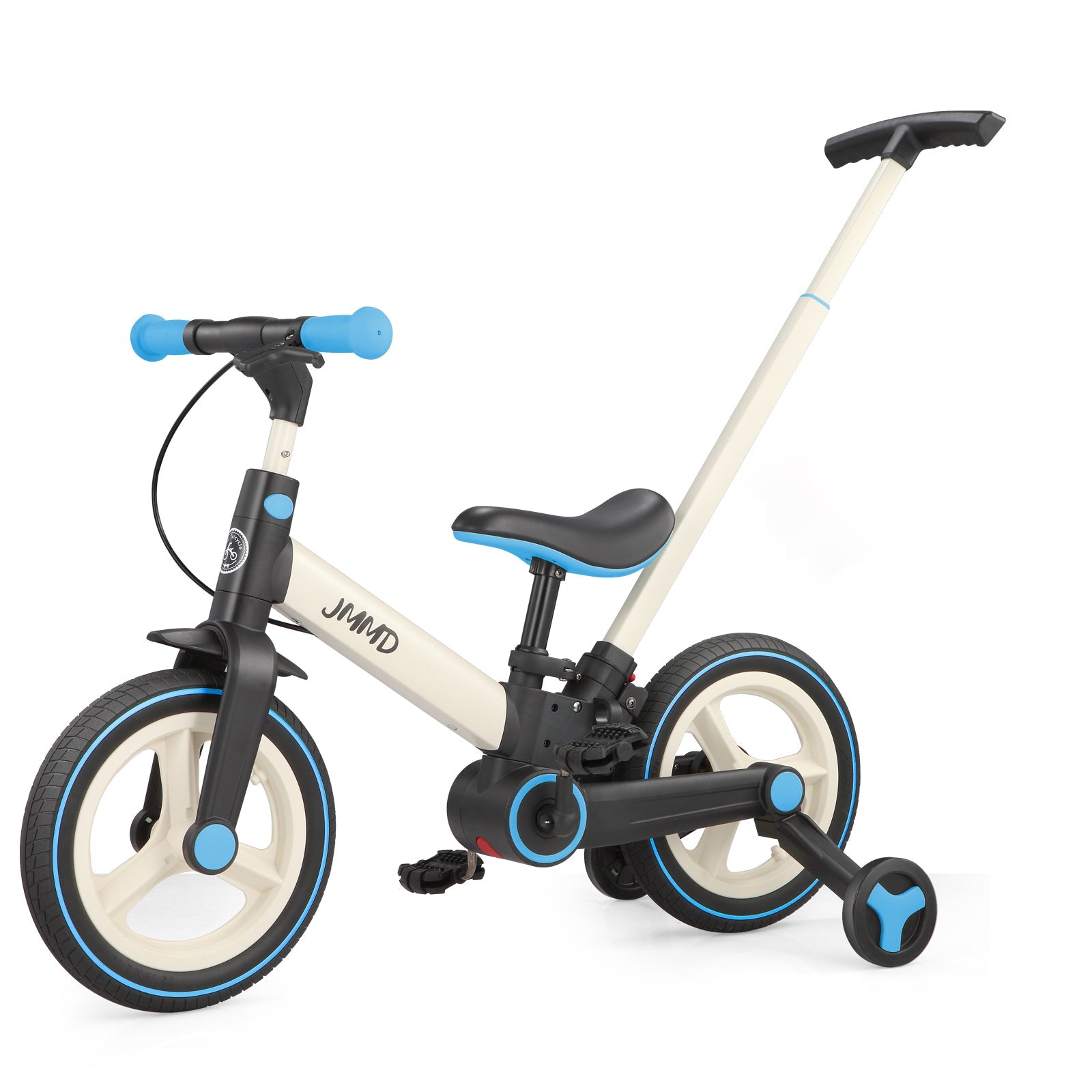 #color_cream-sky-blue JMMD S900 6-in-1 toddler bike in Cream & Sky Blue with parent push handle and training wheels