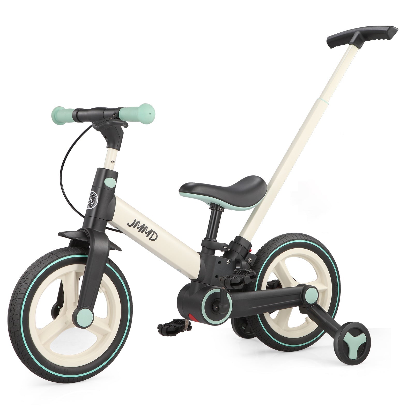 #color_cream-soft-mint JMMD S900 6-in-1 toddler bike in Cream & Soft Mint with parent push handle and training wheels