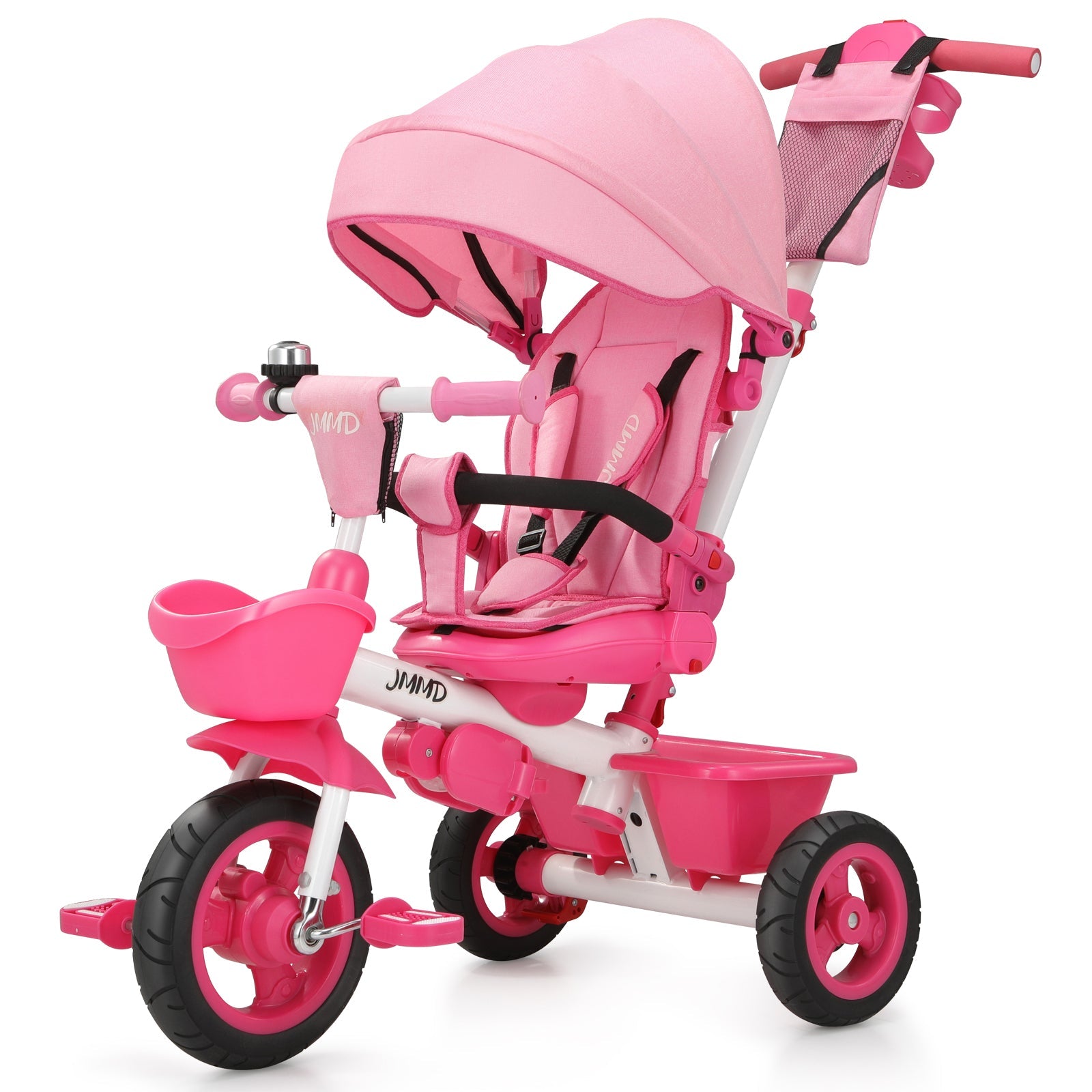 Soft pink toddler tricycle with push handle for kids ages 1 to 5